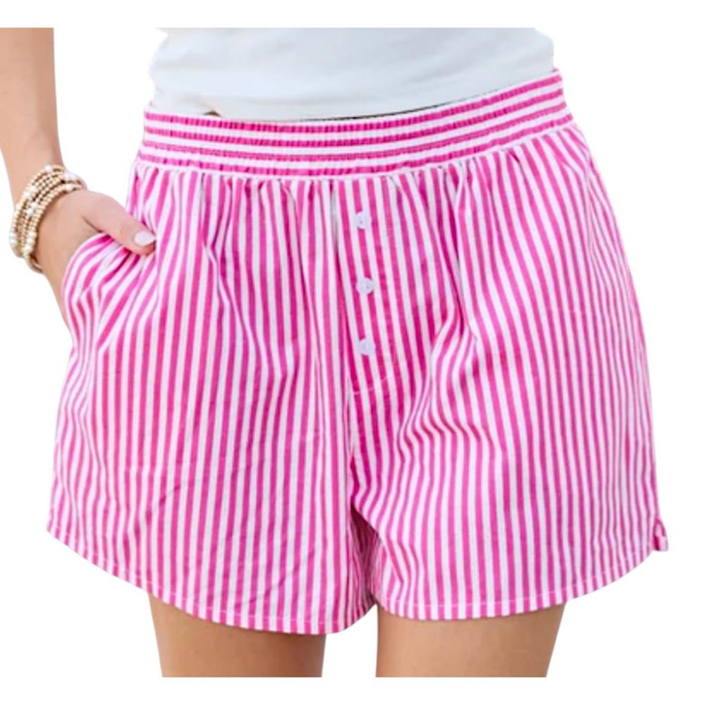 NWT Double Zero SUGAR STRIPE BOXER SHORTS Pink/White Pull-On Pockets SIZE L